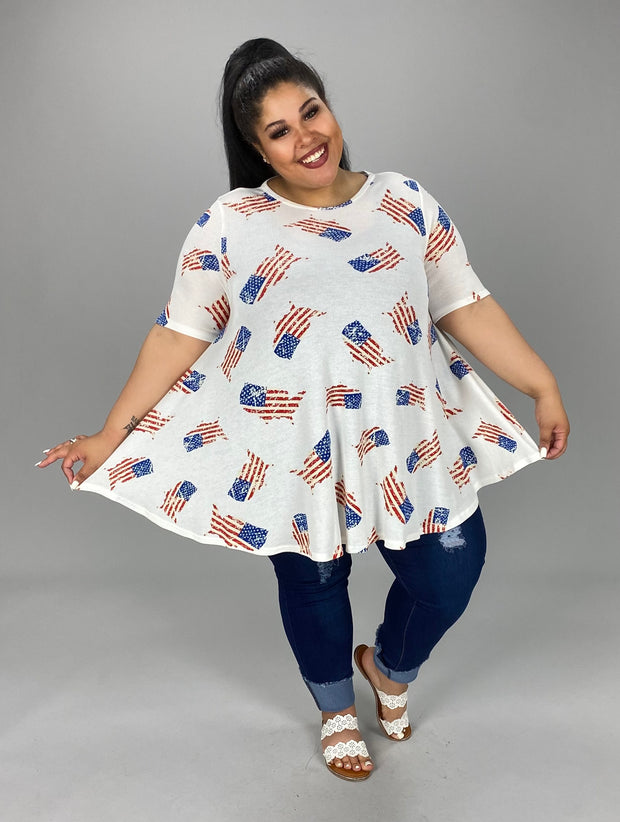 33 PSS-A [Patriotic To The Core} White***SALE*** Flag Print Top PLUS SIZE 1X 2X 3X