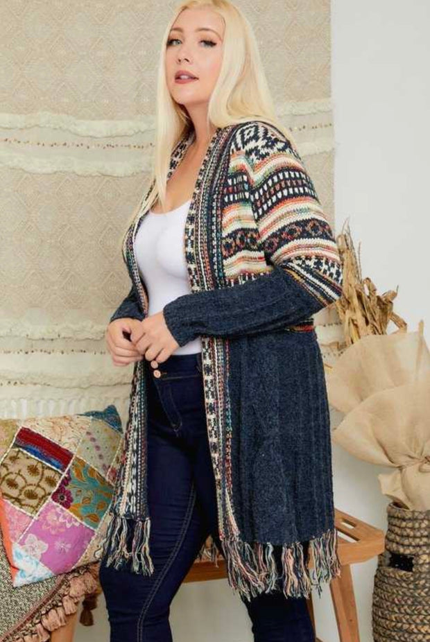 22 OT-Z {Tribal Vibes} Charcoal/Tribal Print Cardigan PLUS SIZE 1X/2X 2X/3X