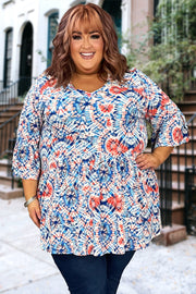 51 PQ-B {Last Time} Blue Tie Dye V-Neck Babydoll Top EXTENDED PLUS SIZE 3X 4X 5X