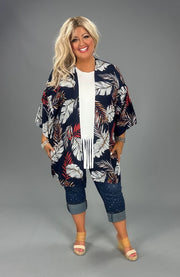 41 OT-A {Show You How} Navy Leaf Print Kimono PLUS SIZE XL 2X 3X