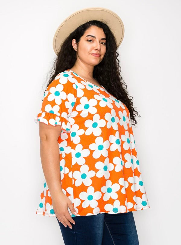 33 PSS-F {Daisy Is My Choice} Orange Daisy Print Top EXTENDED PLUS SIZE 4X 5X 6X