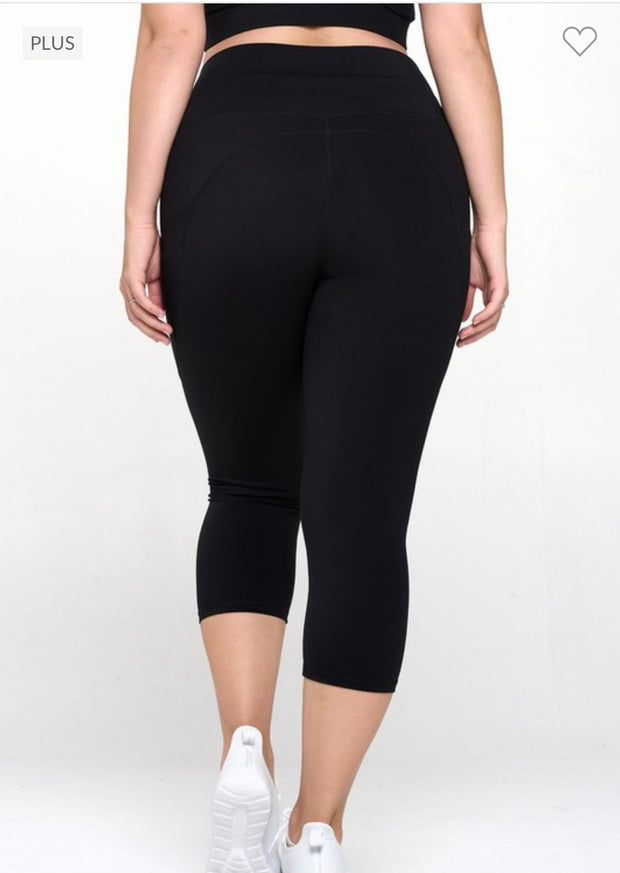 LEG-59 {Effortless Comfort} Black Yoga Capri Leggings w Pockets PLUS SIZE 1X 2X 3X