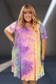 76 PSS-E {Pastel Paradise} Lilac Blue V-Neck Tie Dye Dress EXTENDED PLUS SIZE 3X 4X 5X