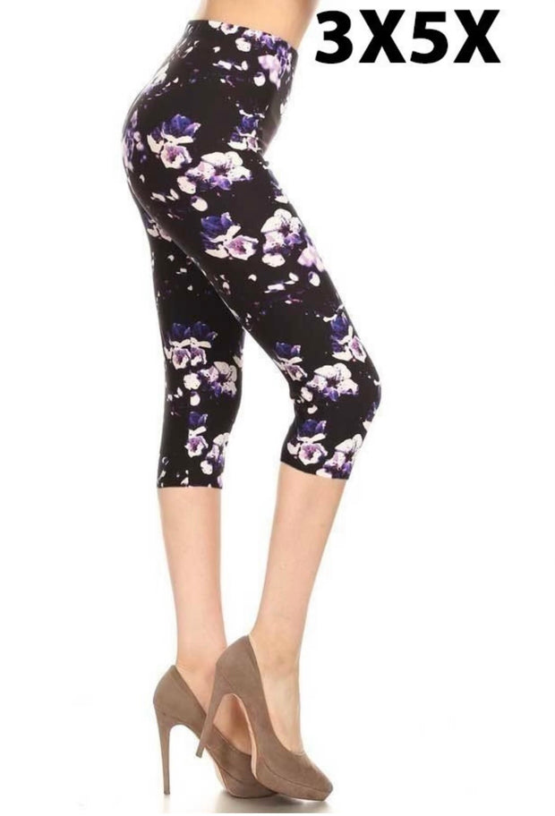 LEG-60 {Visions Of Violet} Violet/White Floral Butter Soft Capri Leggings EXTENDED PLUS SIZE 3X/5X