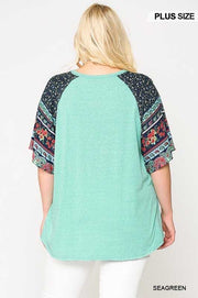 54 CP-A {Aqua Garden}  SALE!! Aqua Tunic w Floral Sleeves Plus Size XL 2X 3X