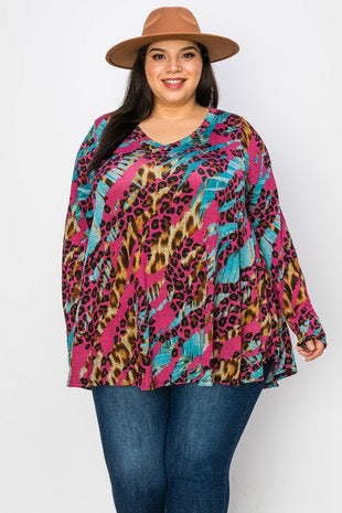 25 PLS-F {Sweet Meets Wild} Multi-Color Mixed Print Top EXTENDED PLUS SIZE 3X 4X 5X