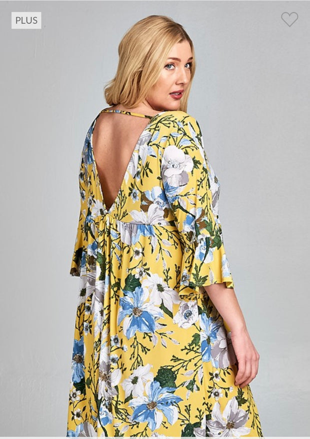 62 PSS-U {Truly Darling} Yellow Floral Open Back Dress PLUS SIZE 1X 2X 3X