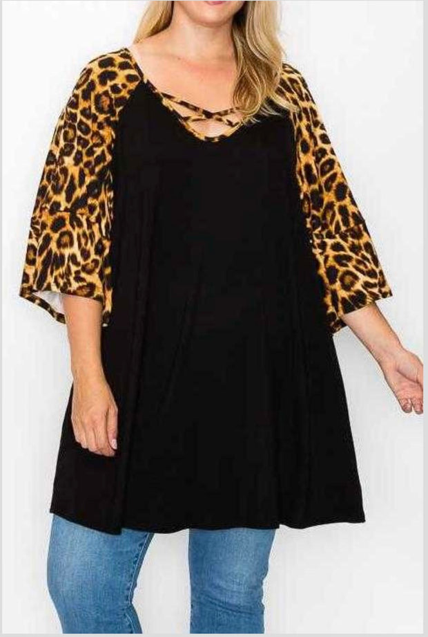 22 CP-K {Cross It Off} BLACK ***FLASH SALE***Leopard Criss-Cross Tunic Extended Plus Size 1X 2X 3X 4X 5X 6X