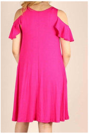 OS-A {Town Outing} Fuchsia Open Shoulder Dress W/Pockets PLUS SIZE 1X 2X 3X