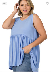 75 SV-E {Never Better} Spring Blue Sleeveless Babydoll Top PLUS SIZE 1X 2X 3X