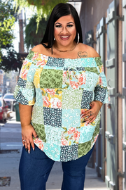 52 PSS-A {Anticipating Love} Multi-Color Print Smocked Neck Top PLUS SIZE XL 2X 3X