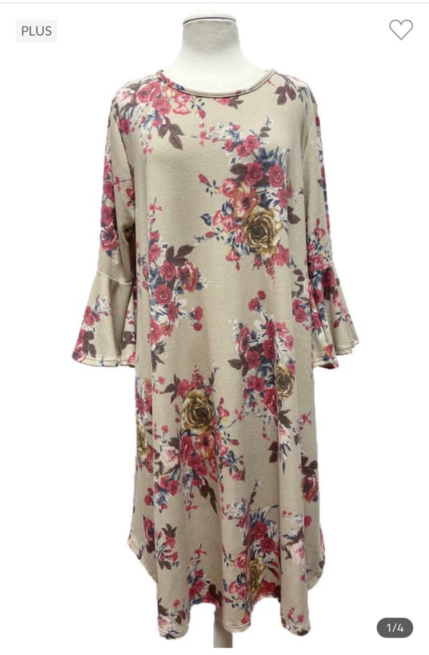 64 PQ-M {Love And Honey} ***SALE*** Taupe Floral Bell Sleeve Dress EXTENDED PLUS SIZE 3X 4X 5X