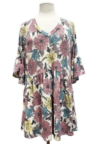 30 PSS-R {Live Well Dress Well} Ivory Floral V-Neck Babydoll Top EXTENDED PLUS SIZE 3X 4X 5X