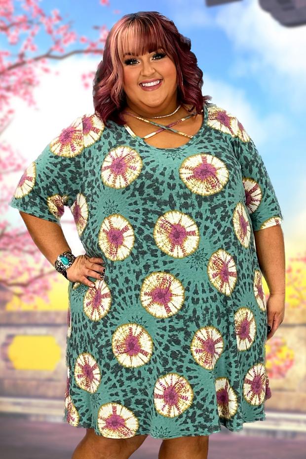 57 PSS-C {Feeling Superior}  SALE!! Teal Criss Cross Tie Dye Dress EXTENDED PLUS SIZE 3X 4X 5X