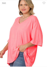 46 SSS-C {Charm Me} Coral Pink Oversized V-Neck Top PLUS SIZE 1X 2X 3X