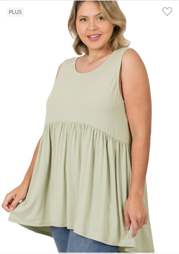 75 SV-F {Never Better} Light Sage Sleeveless Babydoll Top PLUS SIZE 1X 2X 3X