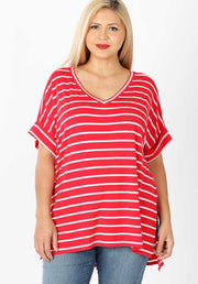 71 PSS-P {Earn Your Stripes} SALE!! Red Striped V-Neck Tunic Plus Size 1X 2X 3X