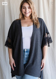 11 OT-A {Make Time For Me} Dark Charcoal Knit Cardigan w/Lace PLUS SIZE 1X 2X 3X