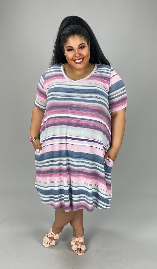 70 PSS-M {Pulling Ahead}  Pink Blue Stripe***FLASH SALE**** Printed Dress PLUS SIZE 1X 2X 3X