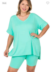 53 SET-Q {Set The Curvy} Mint***SALE*** V-Neck Short Set PLUS SIZE 1X 2X 3X