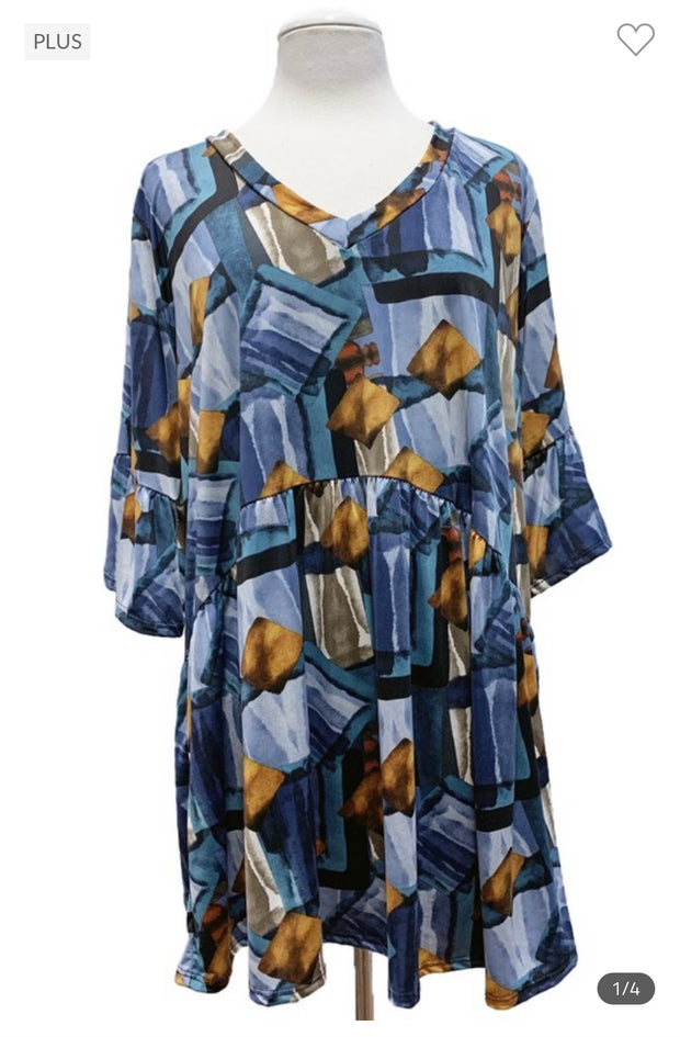 26 PQ-H {Tangram Beauty} Blue Multi Shape Printed Top SALE!!  EXTENDED PLUS SIZE 3X 4X 5X