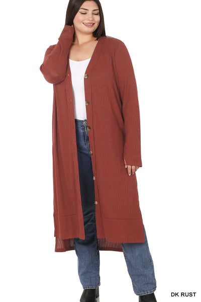 24 OT-P {Close To You} Dk. Rust Ribbed Button Up Duster PLUS SIZE 1X 2X 3X