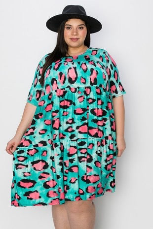 68 PSS-A  {Fun Memories} Teal Animal Print Tiered Dress EXTENDED PLUS SIZE 3X 4X 5X