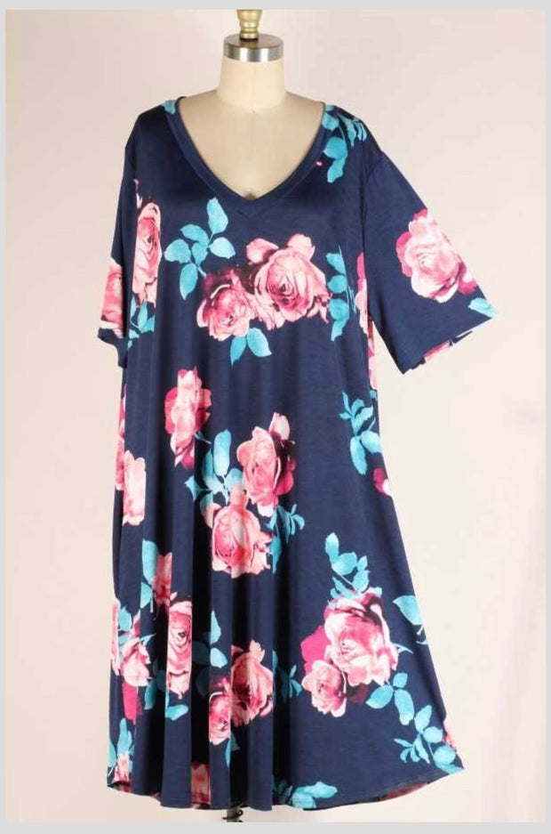 54 PSS-B {Show Up And Show Out} ***SALE***Navy Floral V-Neck Dress EXTENDED PLUS SIZE 3X 4X 5X
