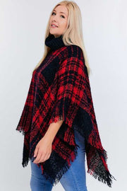 OT-A {Secret Obsession} Red Navy Plaid Knit Poncho PLUS SIZE