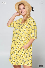 99 PSS-A {Catch My Drift} Yellow Check Print V-Neck Dress PLUS SIZE 1X 2X 3X