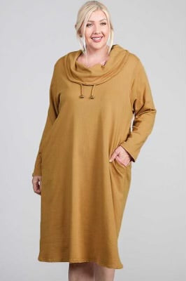 57 SLS-G {Call A Truce} Mustard Cowl Neck Dress PLUS SIZE 1X 2X 3X