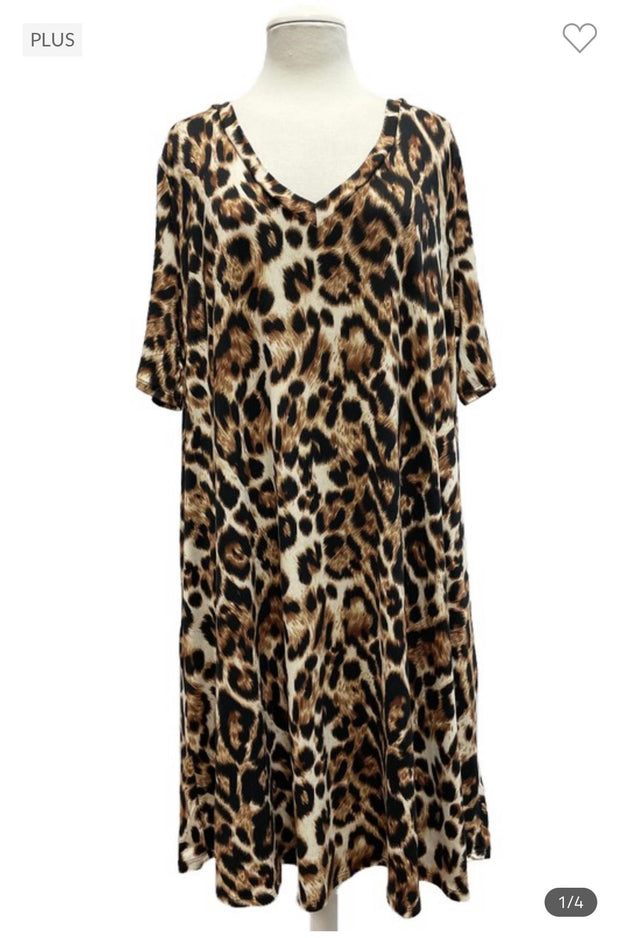 26 PSS-F {Bring The Energy} Leopard Print V-Neck Dress EXTENDED PLUS SIZE 3X 4X 5X