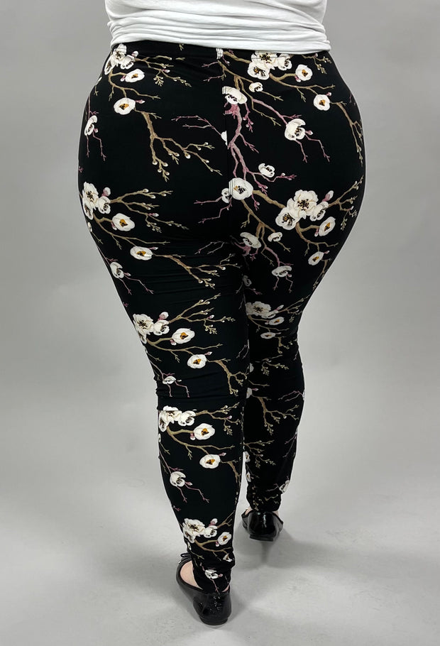 LEG-28 {Blooming Apple} White Floral Printed Leggings EXTENDED PLUS SIZE