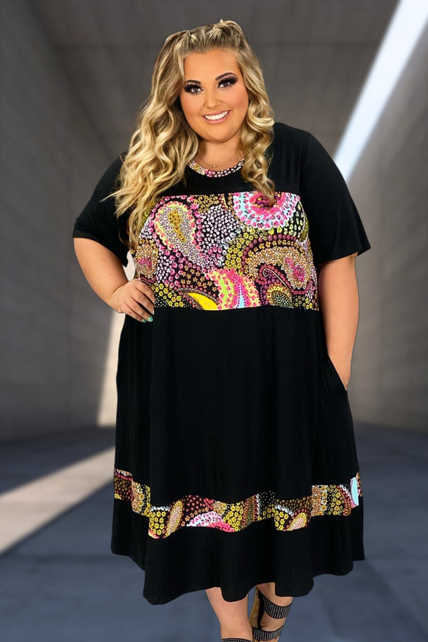 LD-E {Make It Curvy} Black/Floral Paisley Contrast Midi Dress CURVY BRAND!!!  EXTENDED PLUS SIZE 4X 5X 6X