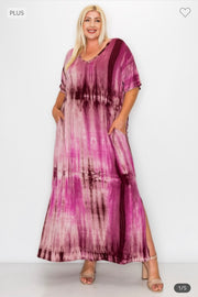 LD-Z {Endless Style} Burgundy Tie Dye V-Neck Maxi Dress EXTENDED PLUS SIZE 3X 4X 5X