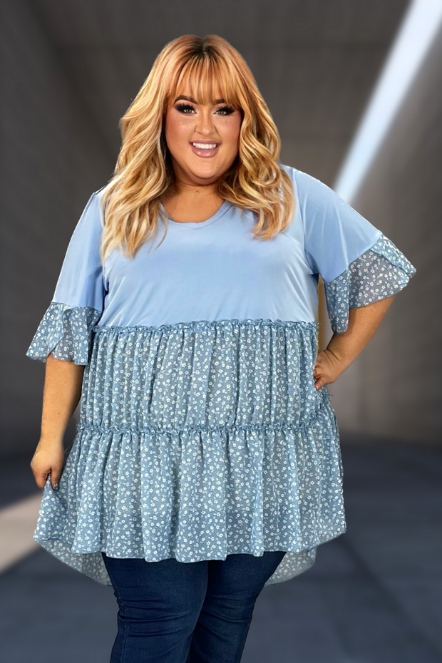 30 CP-B {All Dolled Up} Blue Ditsy Floral  Chiffon Tunic CURVY BRAND!!!  EXTENDED PLUS SIZE 1X 2X 3X 4X 5X 6X