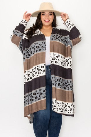 55 OT-F {Slope City} Grey Mixed Print Hooded Cardigan EXTENDED PLUS SIZE 3X 4X 5X