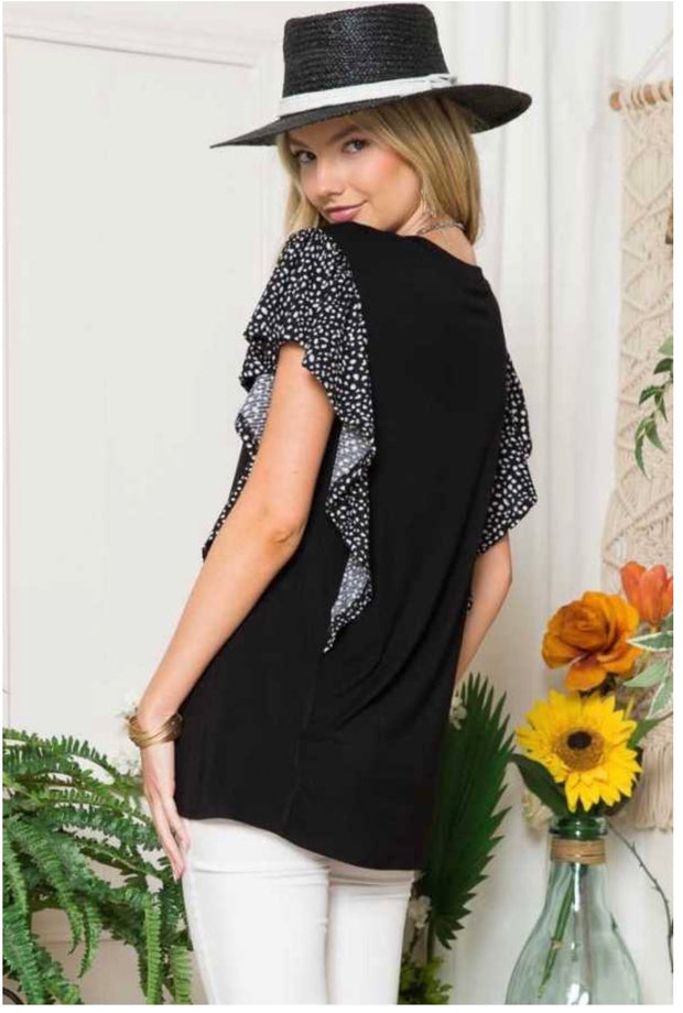 85 CP-B {A Flutter Above} Black Top W/Print Contrast PLUS SIZE 1X 2X 3X SALE!!!!