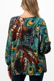 22 PLS -I {For The Love Of Peacocks} Deep Green Print Top PLUS SIZE 1X 2X 3X