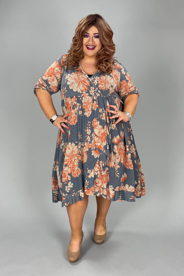 27 PQ-B {Live On The Edge} Gray/Rust Print Dress W/Ruffle PLUS SIZE 1X 2X 3X