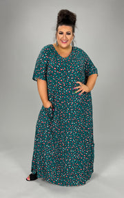 LD-D {Wild Living} Teal Animal Print V-Neck Long Dress EXTENDED PLUS SIZE 3X 4X 5X