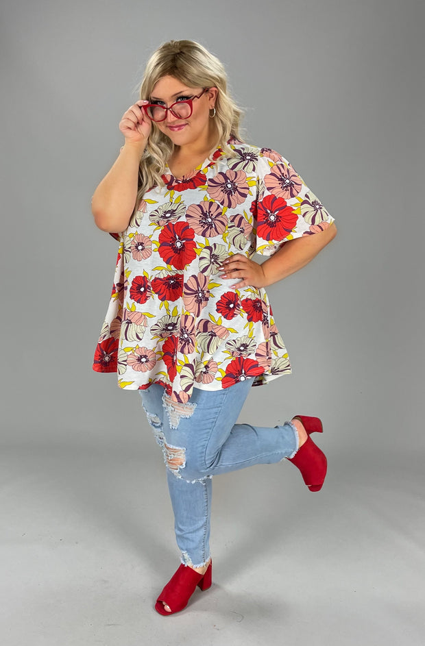 99 PSS-G {Unlock Your Sparkle} SALE!! Red Floral V-Neck Top PLUS SIZE 1X 2X 3X