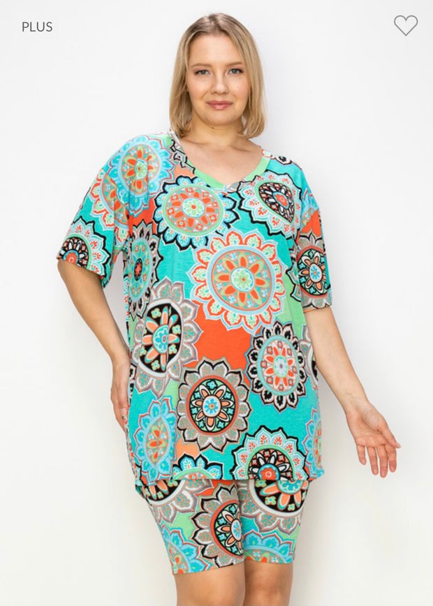 36 SET-A {Bold Opinions} Mint Mandala Print Short Set EXTENDED PLUS SIZE XL 2X 3X 4X 5X