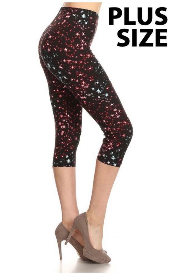 LEG-6- {Move To The Beat) Black Star Butter Soft Capri Leggings Plus Size