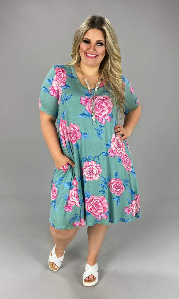 33 PSS-I {The Minty Rose} Mint Rose Print V-Neck Dress PLUS SIZE 1X 2X 3X