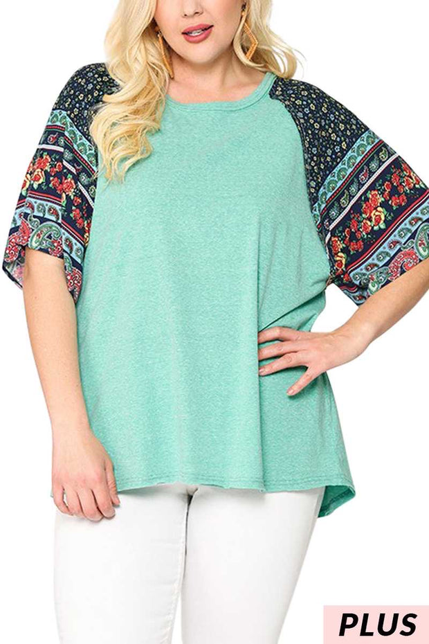 54 CP-A {Aqua Garden}  SALE!! Aqua Tunic w Floral Sleeves Plus Size XL 2X 3X