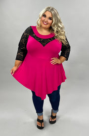 54 SD-D {Viva La Curvy} FUCHSIA Tunic W/Black Lace Sleeve CURVY BRAND!!  EXTENDED PLUS SIZE 1X 2X 3X 4X 5X 6X