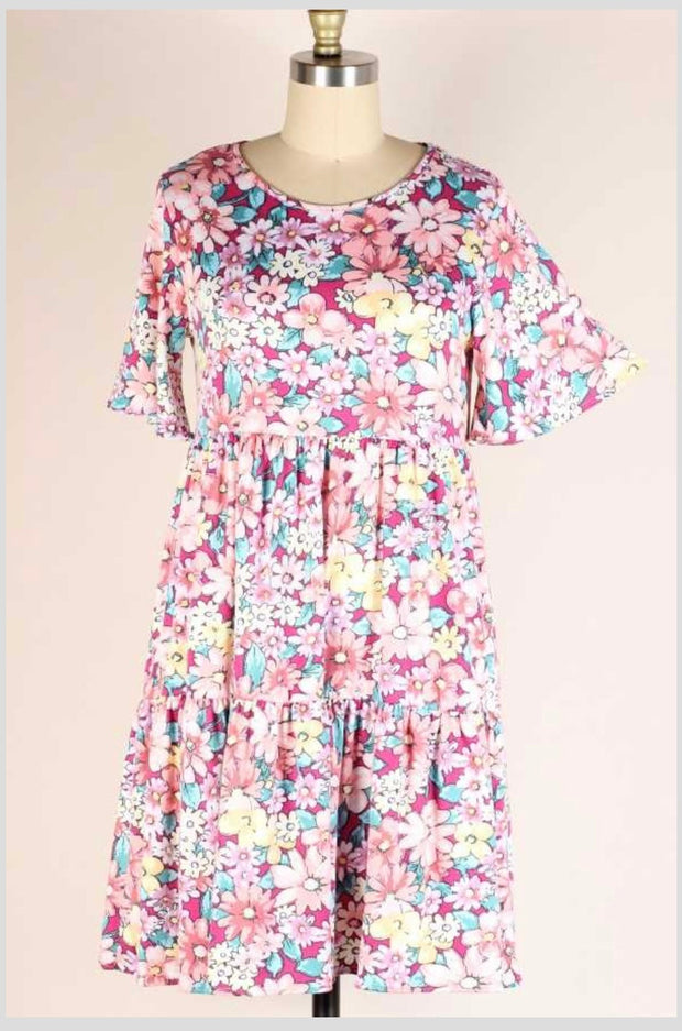 53 PSS-D {Above The Noise} Magenta Multi Floral Print Dress PLUS SIZE 1X, 2X, 3X  SALE!!!!