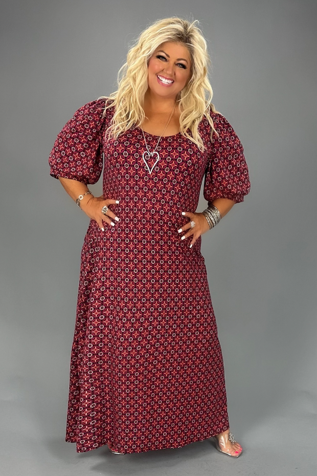 LD-Q {Flying Free} Burgundy Print Midi Dress PLUS SIZE 1X 2X 3X