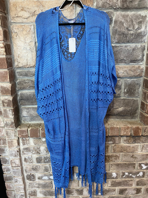 OT-B {Carolina Blue} Cardigan With Fringe Detail & Back Lace Insert PLUS SIZE 1X 2X 3X SALE!!